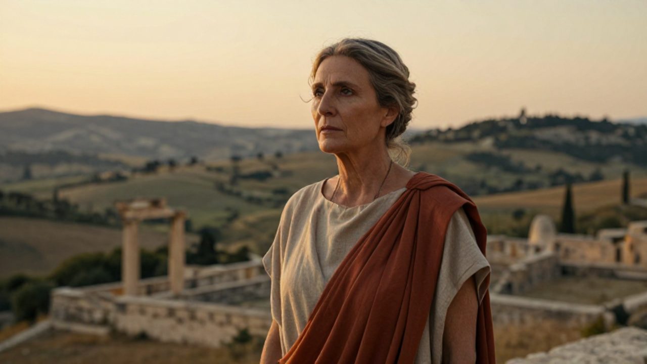 Mujer de mediana edad con vestimenta de lino antigua contempla con serenidad un paisaje de colinas y estructuras de piedra al atardecer.