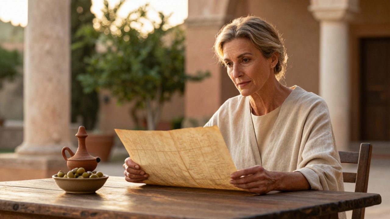 Mujer de mediana edad con expresión serena estudia un pergamino antiguo sentada en un patio mediterráneo iluminado por el sol.