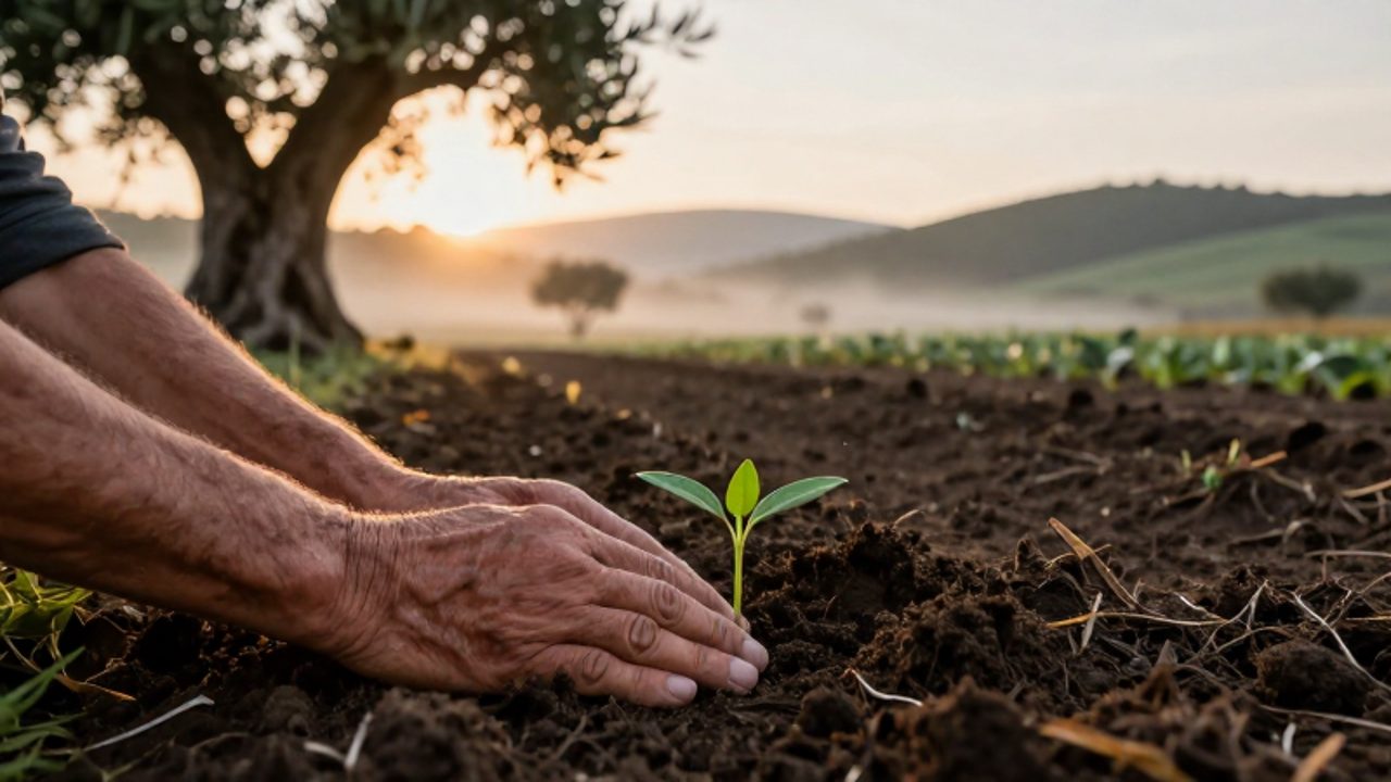 Unas manos curtidas plantan un pequeño brote verde en tierra fértil durante el amanecer en un jardín sereno.