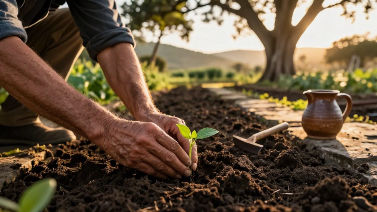 Unas manos con textura de trabajo plantan un pequeño brote verde en tierra fértil frente a un paisaje de árboles antiguos y colinas bajo la luz del amanecer.