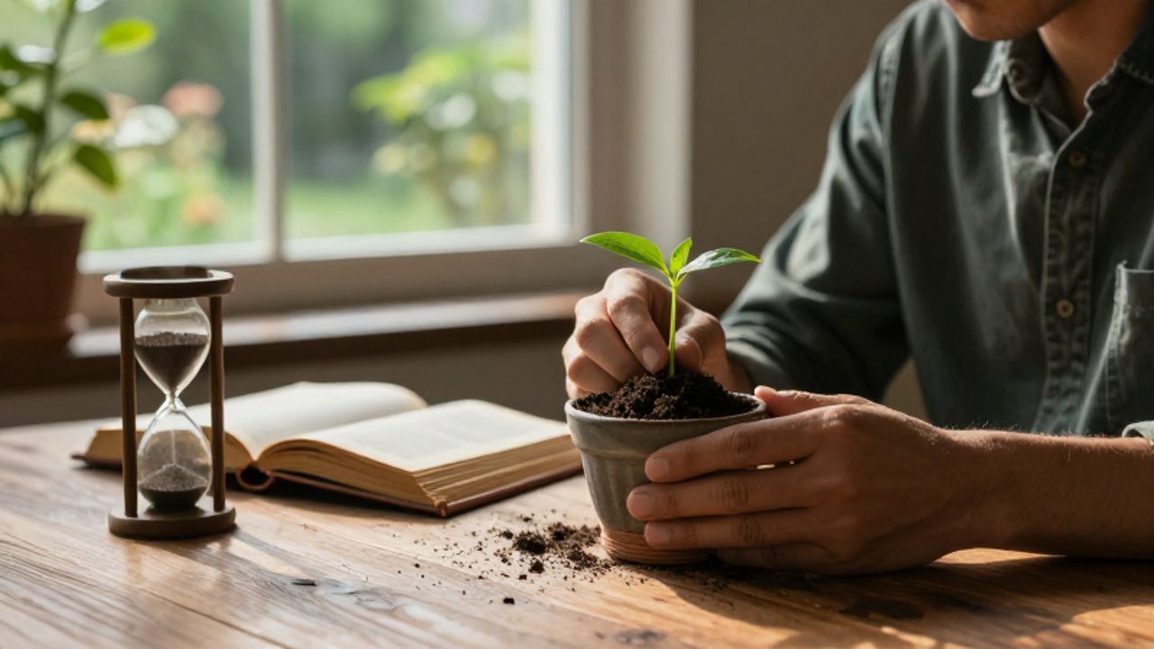Persona concentrada plantando un pequeño brote en una maceta sobre una mesa de madera junto a un libro antiguo y un reloj de arena.