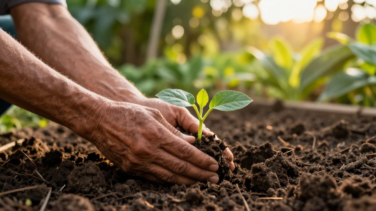 Unas manos curtidas protegen con delicadeza un pequeño brote verde que crece en la tierra fértil bajo la luz del sol.