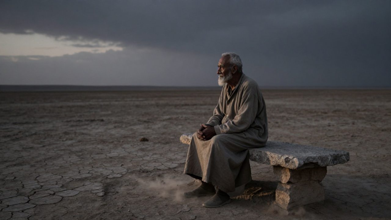 Un hombre anciano sentado solo en un banco de piedra en medio de un paisaje desolado de tierra agrietada bajo un cielo oscuro.