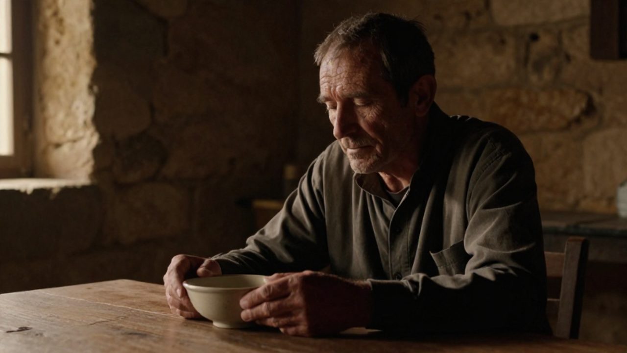 Hombre de mediana edad sentado en una mesa de madera en una habitación humilde, con la mirada baja y las manos apoyadas sobre la mesa en actitud de reflexión.