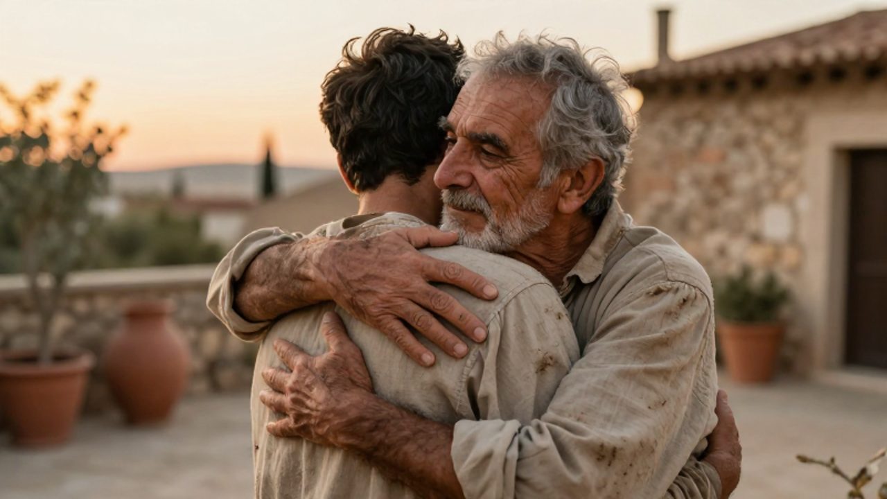 Un hombre mayor abraza con emoción a un joven con ropas desgastadas en un patio de estilo mediterráneo durante el atardecer.
