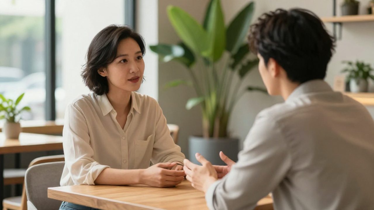 Dos personas conversan con calma y empatía sentadas frente a frente en una mesa de madera dentro de un café luminoso.