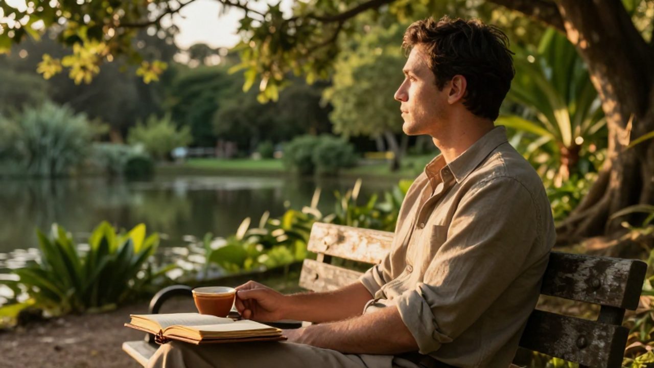 Hombre sentado en un banco de madera contempla un lago tranquilo en un jardín botánico junto a un diario abierto y una taza de té.