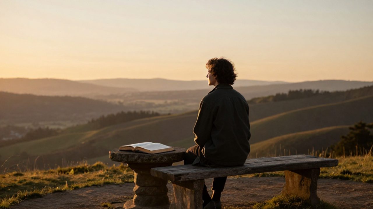 Persona sentada en un banco de madera contemplando un paisaje de colinas al atardecer con un libro abierto sobre una mesa de piedra.