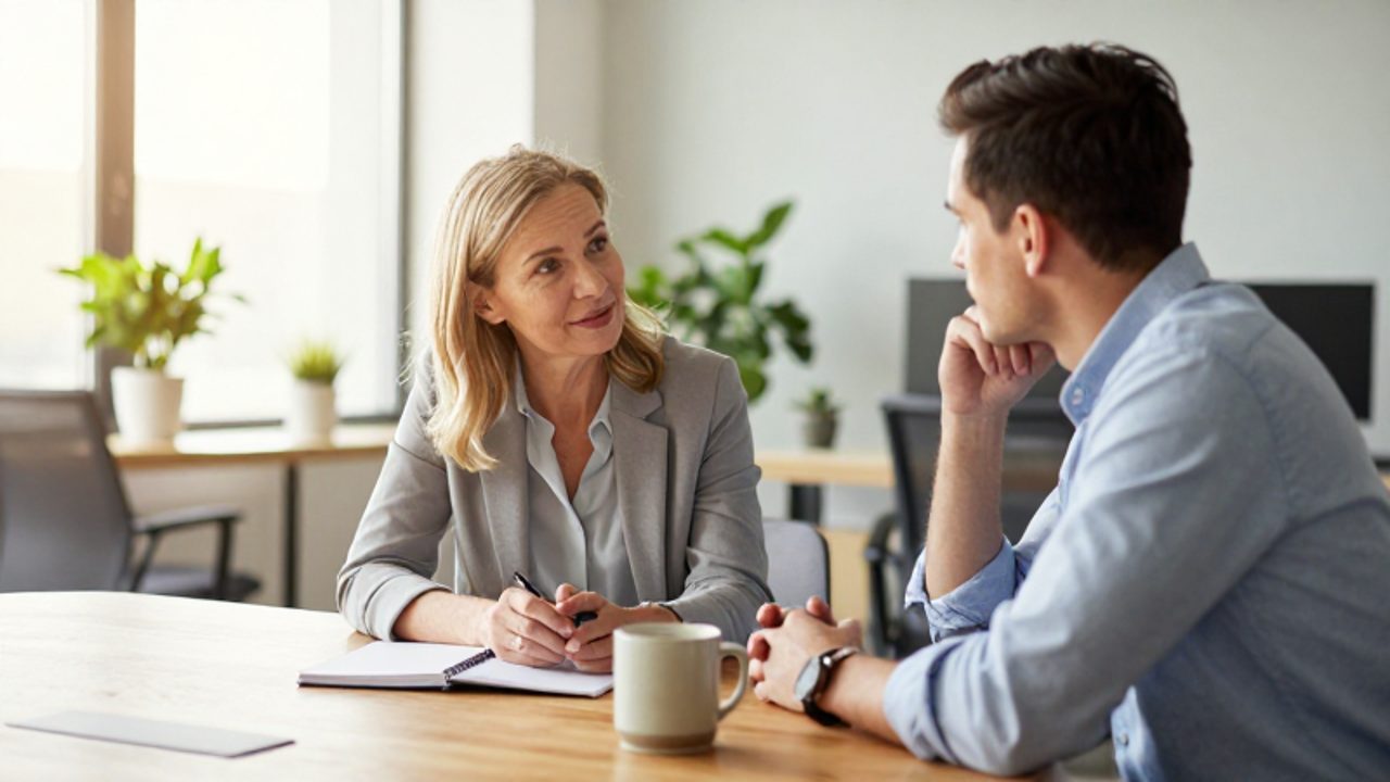 Dos colegas mantienen una conversación tranquila y empática en una oficina luminosa, transmitiendo un ambiente de resolución de conflictos y entendimiento.