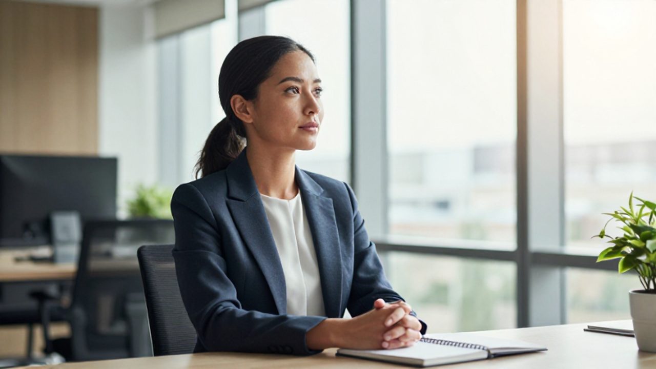 Mujer profesional sentada en su escritorio de oficina mirando hacia la ventana con una expresión de calma y serenidad.