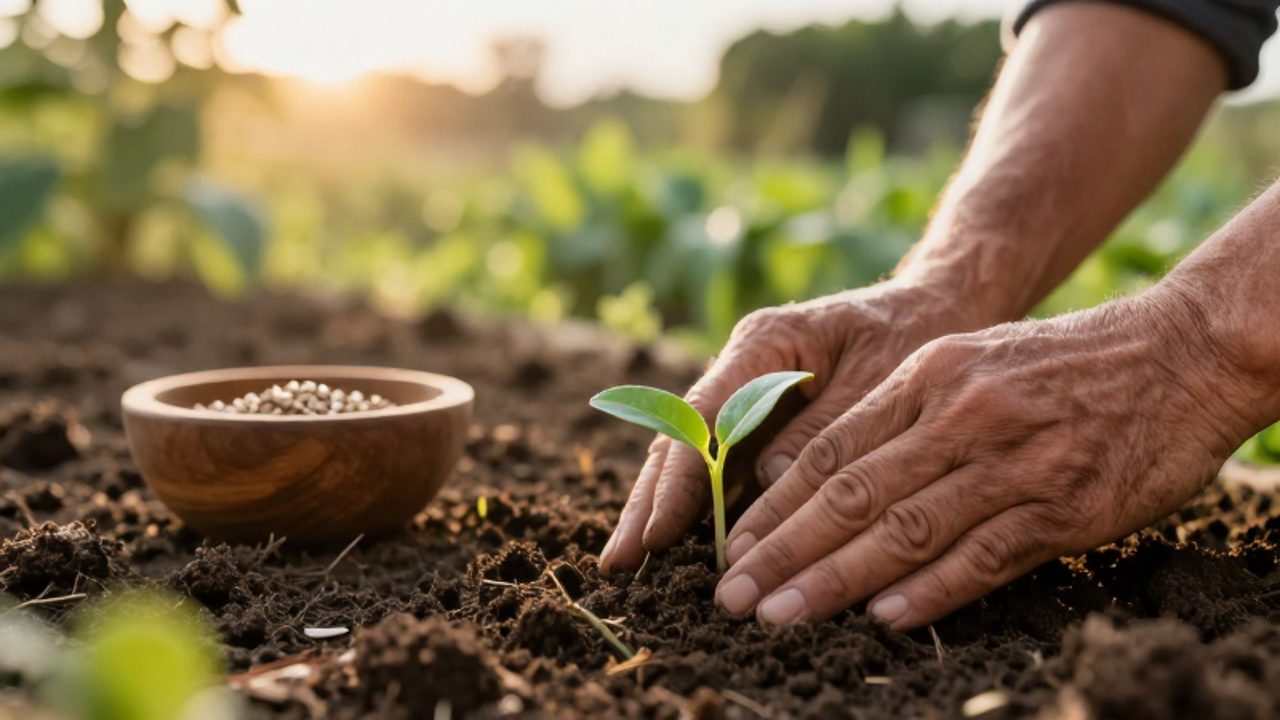 Manos trabajadoras plantan un pequeño brote verde en tierra fértil junto a un cuenco con semillas en un jardín iluminado por el sol.