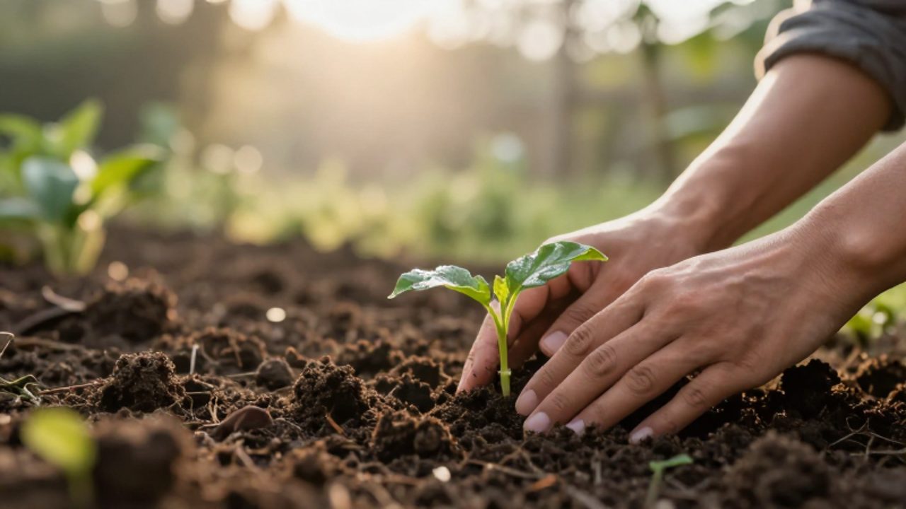 Unas manos cuidan con delicadeza un pequeño brote verde que emerge de la tierra húmeda bajo la luz del sol.