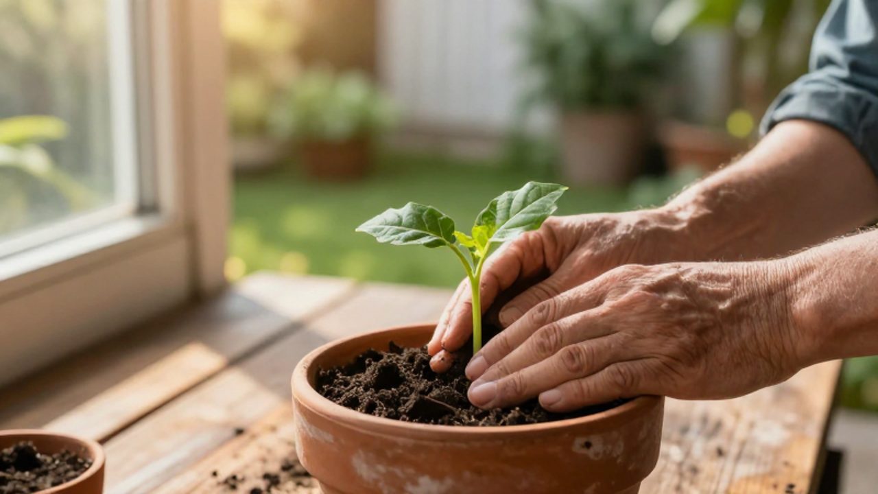 Unas manos cuidan con delicadeza un pequeño brote verde que crece en una maceta de barro bajo la luz del sol.