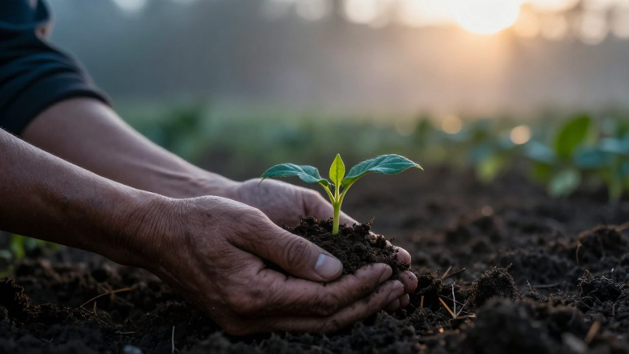 Unas manos protegen un pequeño brote verde que nace de la tierra húmeda bajo una suave luz matutina.