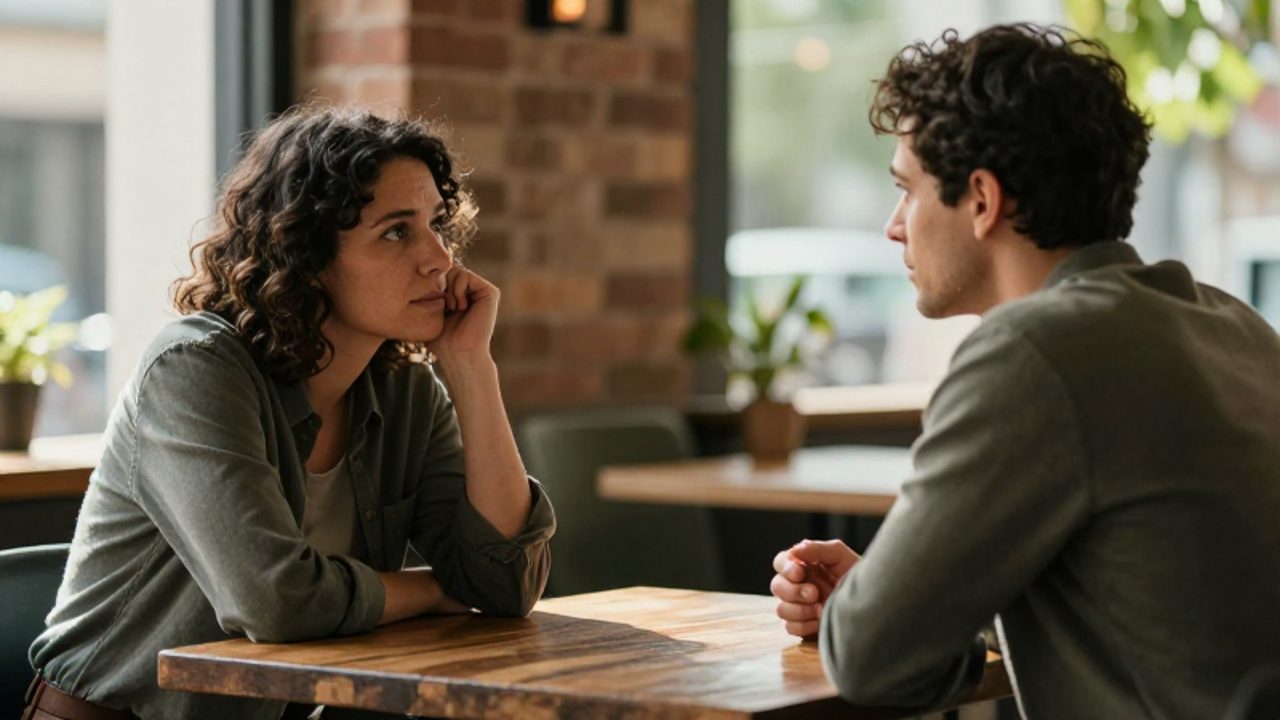 Dos personas mantienen una conversación íntima y empática sentadas frente a frente en una mesa de madera de un café tranquilo y luminoso.