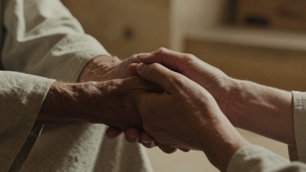 Dos manos curtidas sujetan con firmeza la mano de una persona más joven en un gesto de apoyo y solidaridad.
