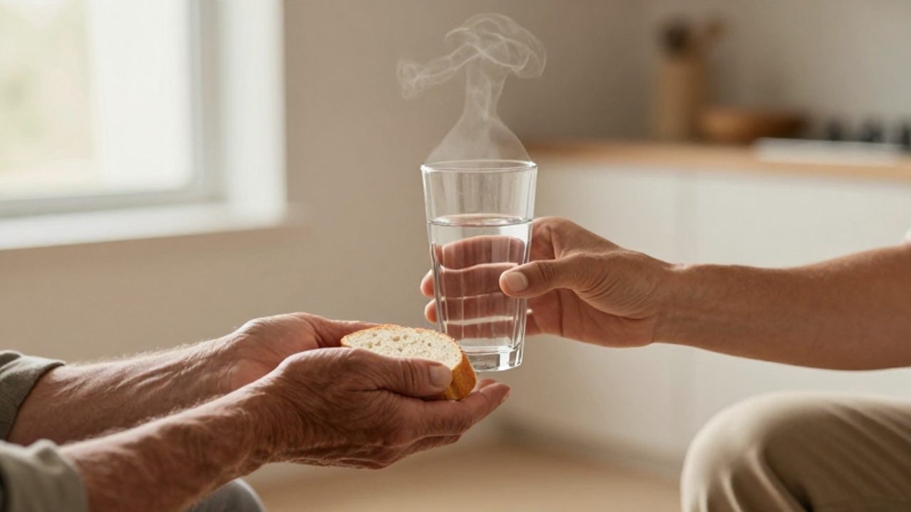 Unas manos ofrecen un vaso de agua y un trozo de pan a las manos cansadas de otra persona en un ambiente cálido y tranquilo.