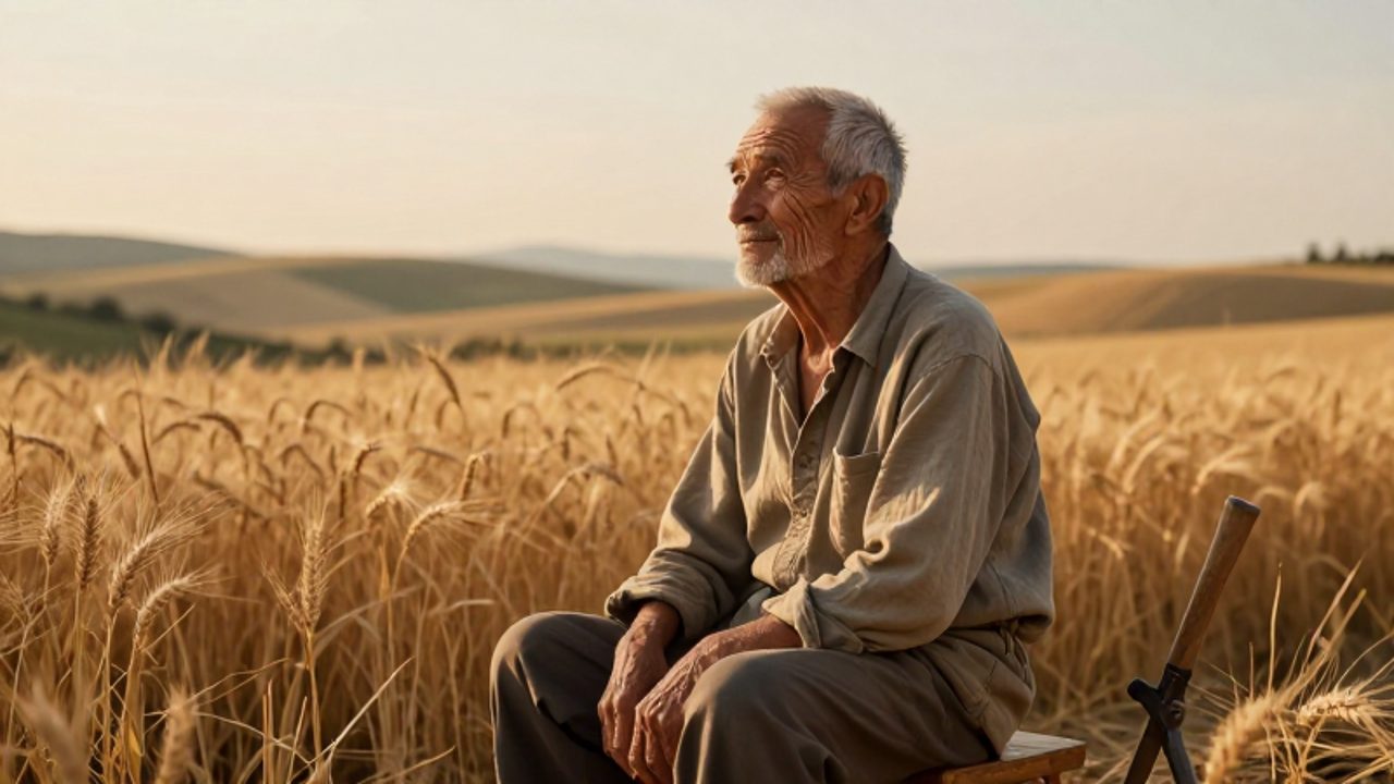 Un agricultor anciano contempla con calma un extenso campo de trigo bajo la luz del atardecer.