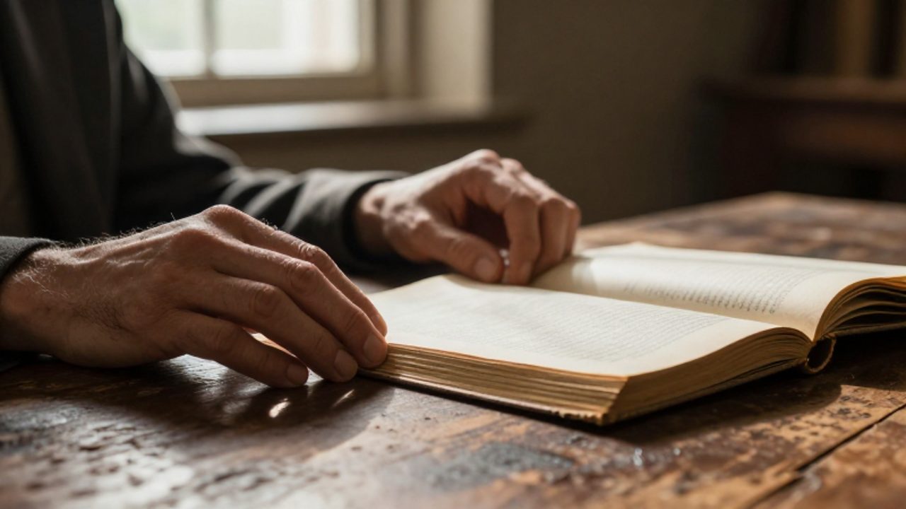 Manos de una persona sobre una mesa de madera junto a un libro de pergamino antiguo, en un gesto que sugiere duda y reflexión ante una decisión importante.