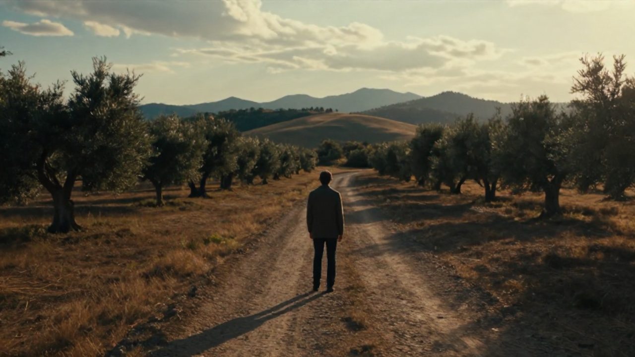 Una persona contempla desde un camino dividido dos senderos que se bifurcan entre colinas y olivos bajo la luz del atardecer.