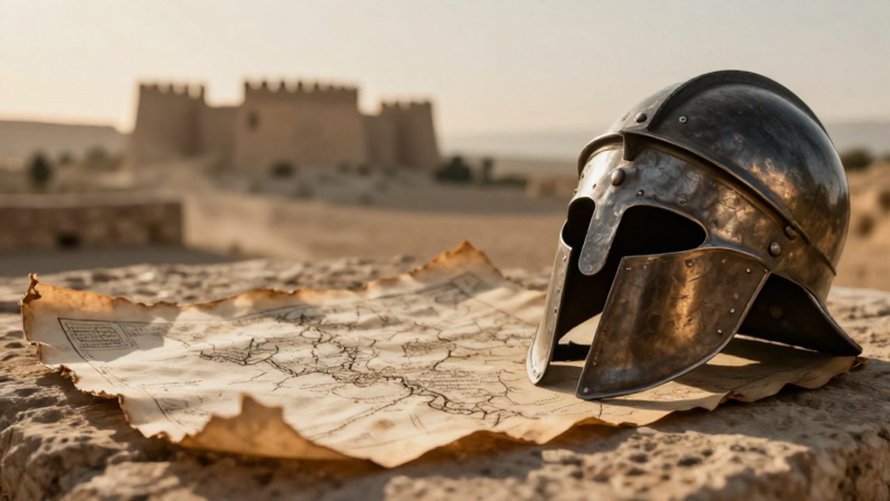 Un casco de hierro romano y un mapa de pergamino antiguo sobre una superficie de piedra con una fortificación al fondo.