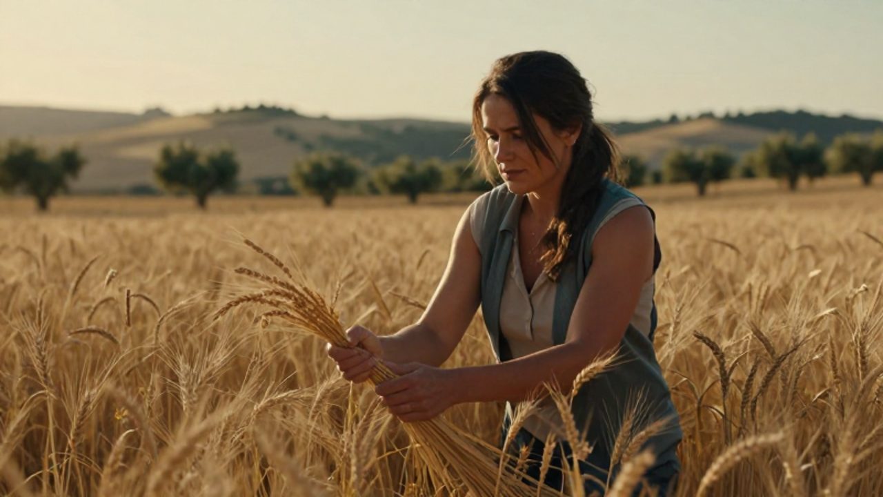 Mujer de mediana edad recogiendo espigas de trigo en un campo dorado bajo la luz del atardecer con expresión de determinación.