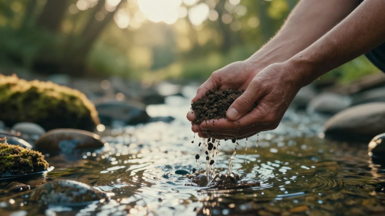 Unas manos dejan caer tierra seca en un río cristalino bajo la luz del atardecer, simbolizando el acto de soltar y liberarse emocionalmente.