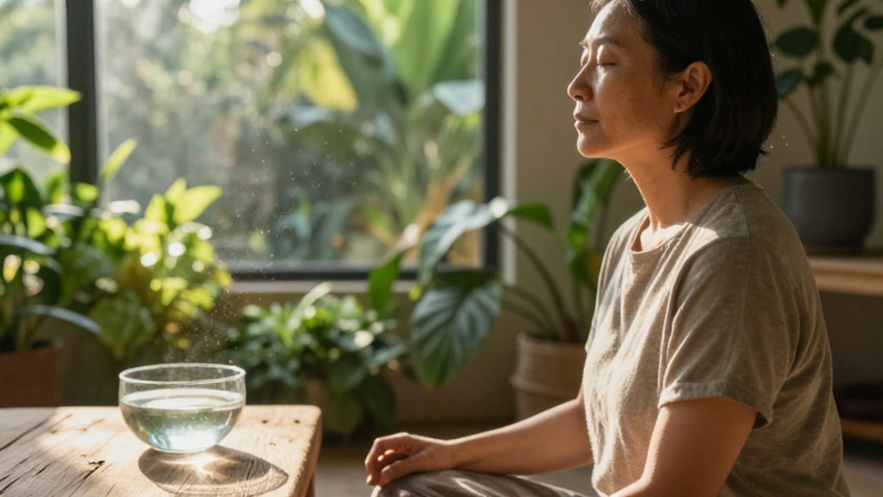 Persona de mediana edad con expresión serena y ojos cerrados meditando en un jardín interior iluminado por la luz del sol.