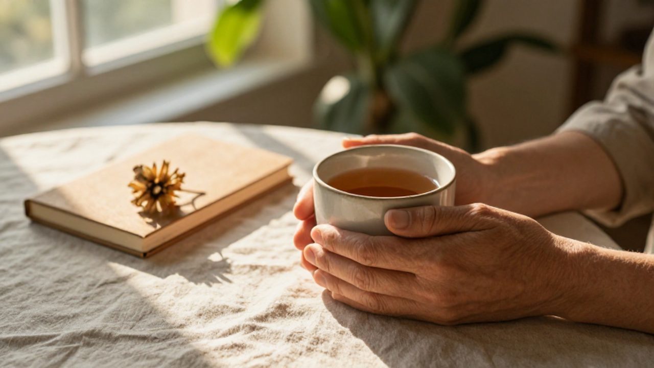 Unas manos sostienen una taza de té junto a un diario y una flor seca sobre una mesa de lino bañada por la luz del sol.