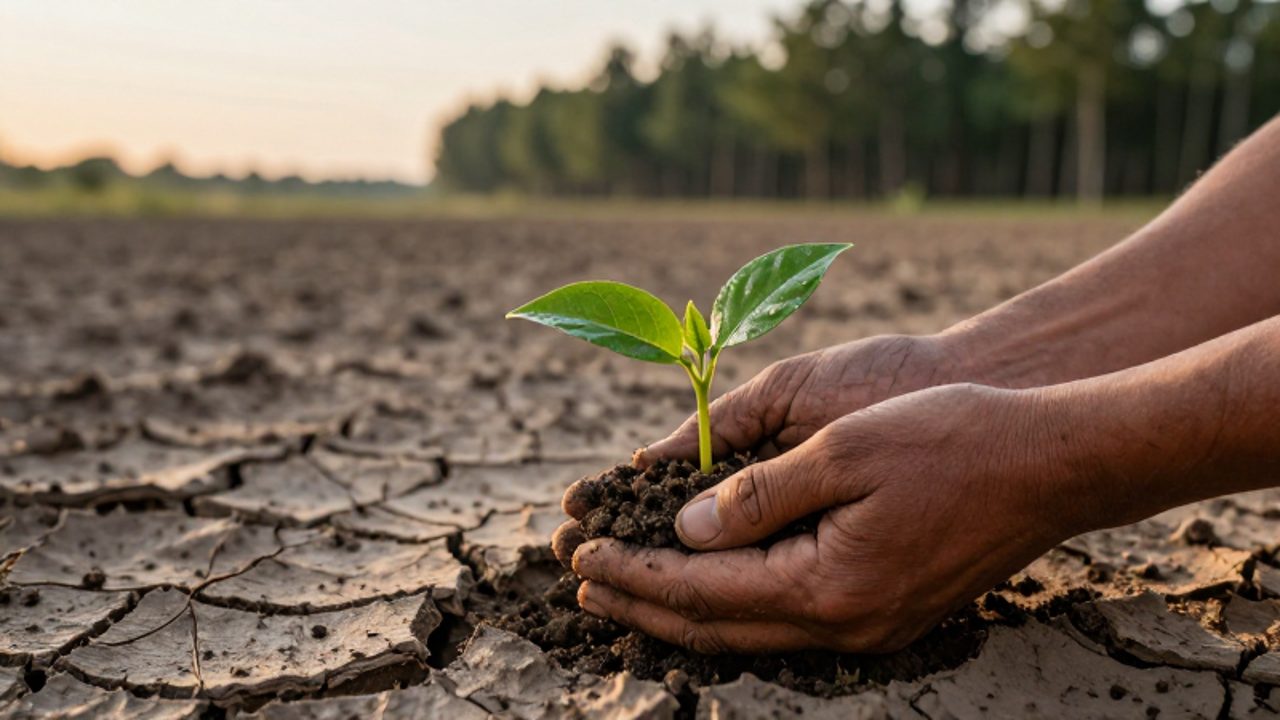 Unas manos curtidas sostienen con delicadeza un pequeño brote verde que crece sobre una tierra seca y agrietada.