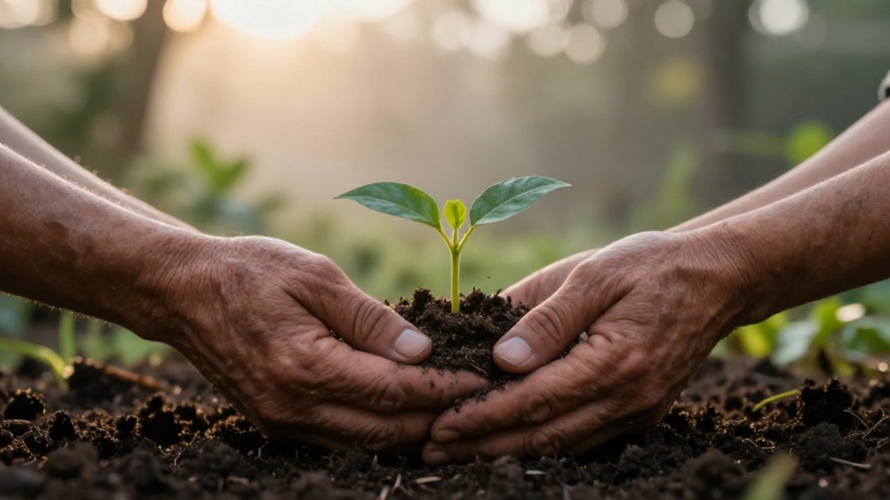 Unas manos curtidas sostienen con cuidado un pequeño brote verde que crece de la tierra, simbolizando el cuidado y la humildad.