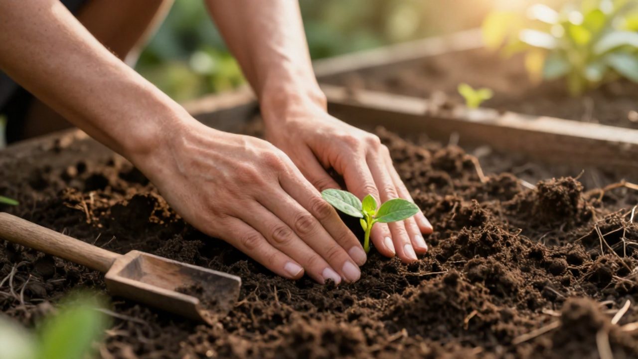 Unas manos plantan con delicadeza un pequeño brote verde en tierra fértil bajo la luz del amanecer.