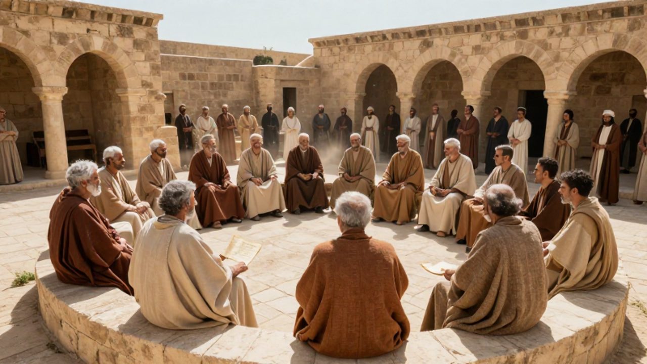 Un grupo de ancianos con túnicas de lino delibera solemnemente en un patio de piedra bajo la luz del sol ante un grupo de ciudadanos en un antiguo asentamiento israelita.
