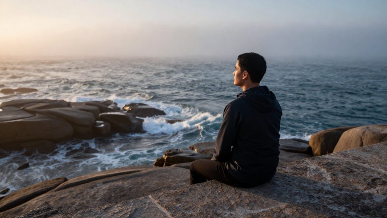 Una persona sentada con calma sobre una roca frente a un mar agitado y neblinoso durante el amanecer.