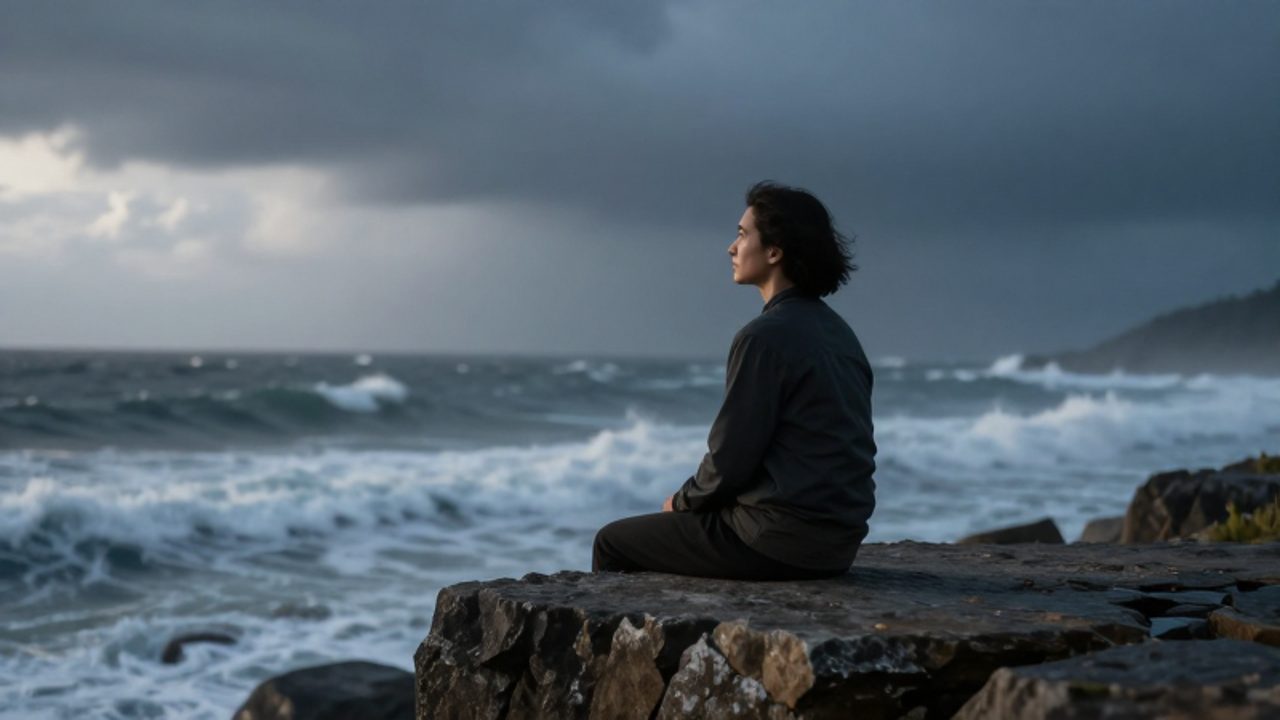 Persona sentada con serenidad sobre una roca frente a un mar agitado y un cielo tormentoso.