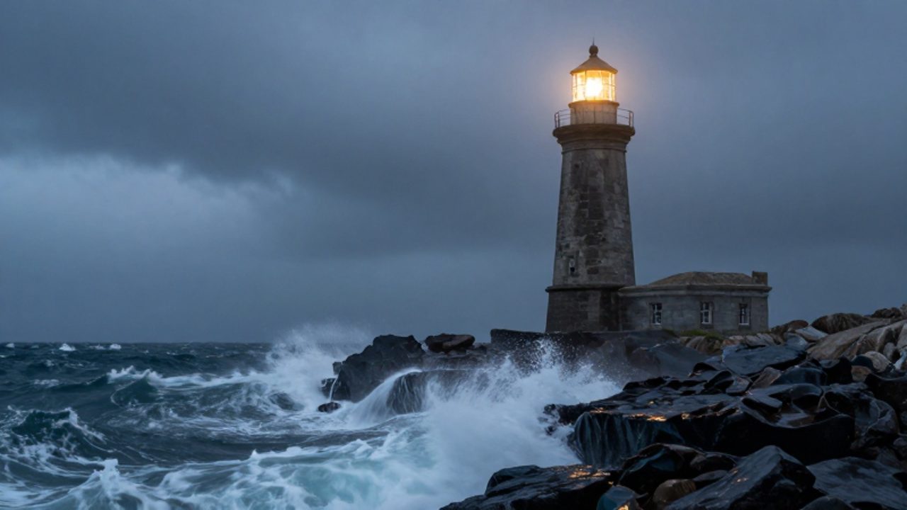 Faro de piedra iluminado que permanece estable sobre un acantilado mientras olas violentas chocan contra las rocas bajo un cielo de tormenta.