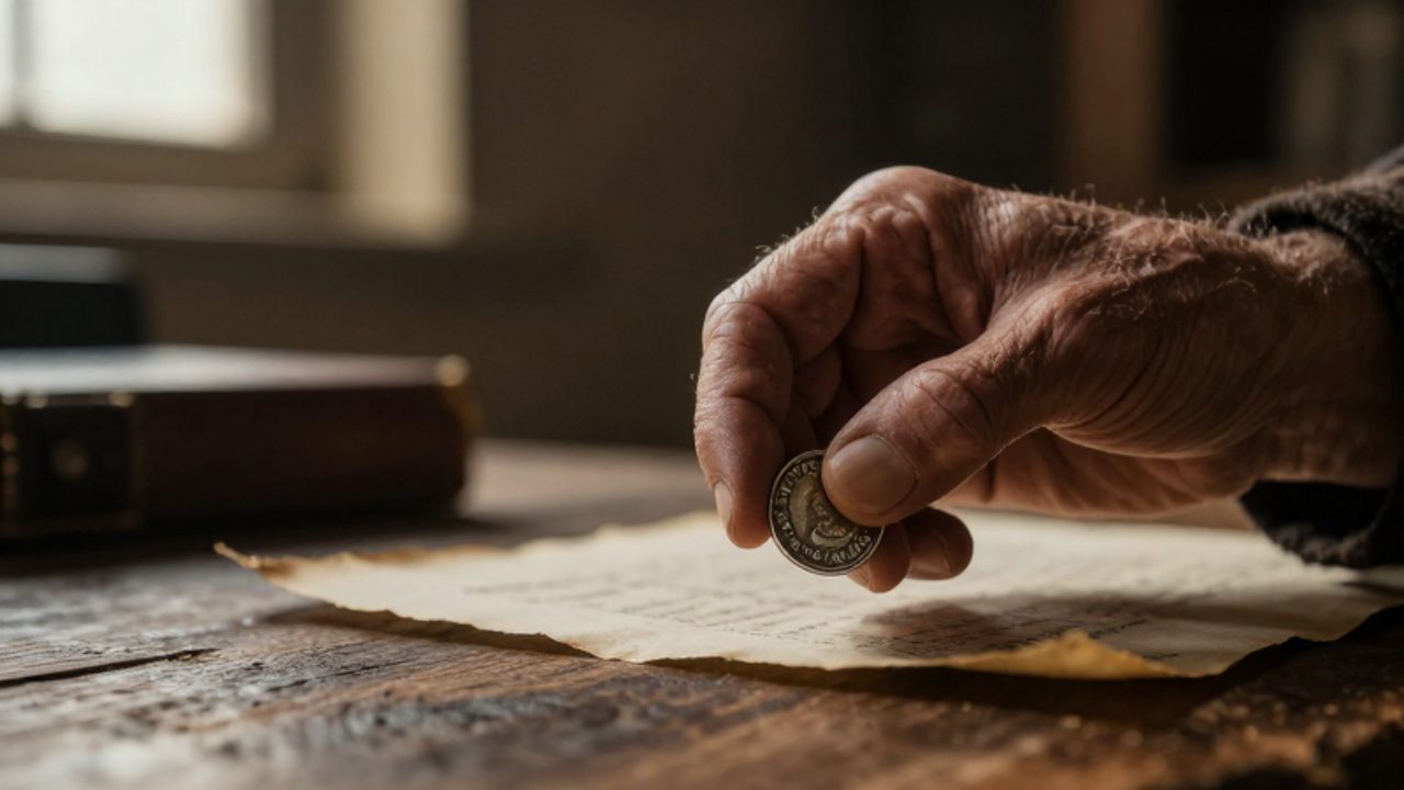 Unas manos curtidas sostienen con cautela una antigua moneda de plata sobre una mesa de madera, simbolizando la reflexión antes de actuar.