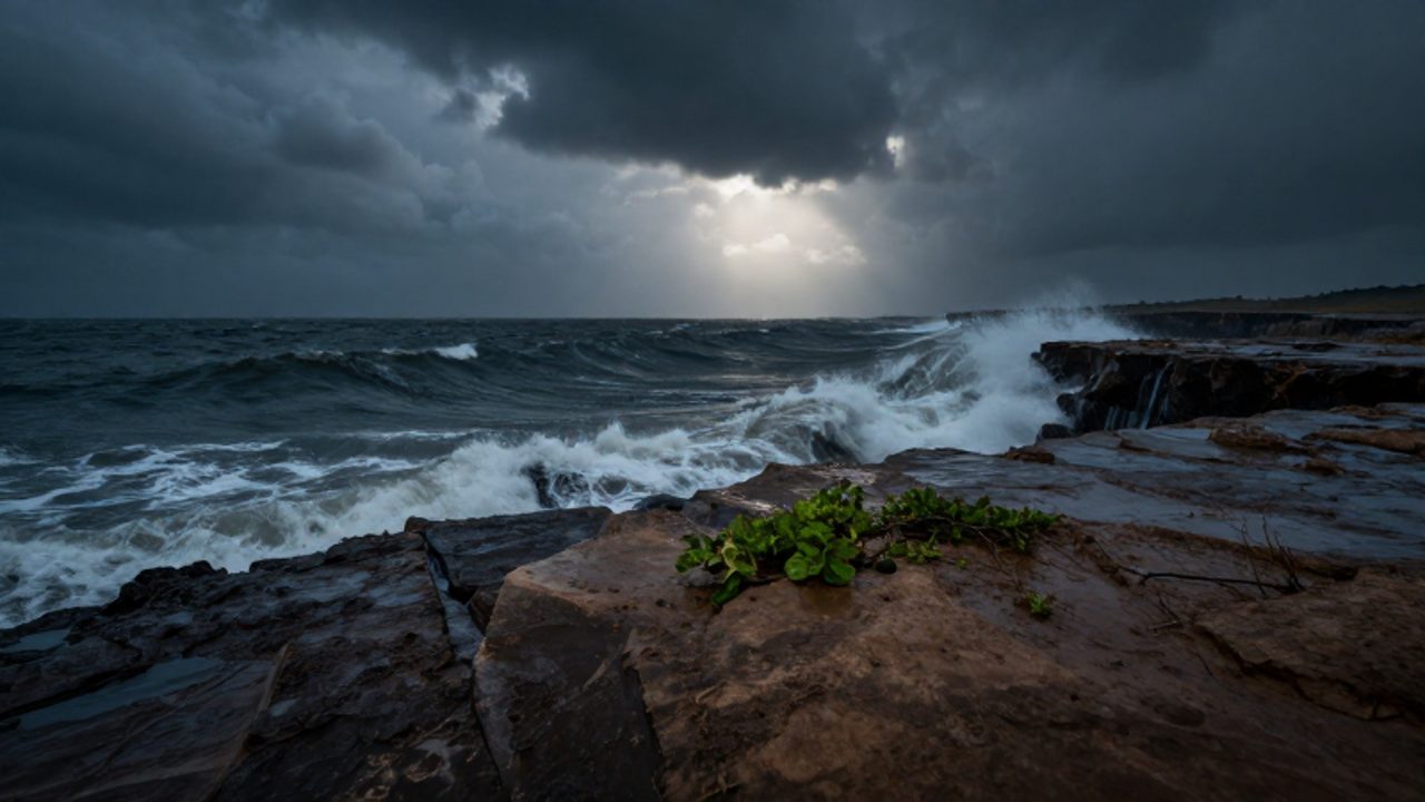 Olas turbulentas de un mar oscuro chocan contra acantilados y terrenos fangosos bajo un cielo tormentoso, con un rayo de luz iluminando un pequeño brote de vegetación verde.