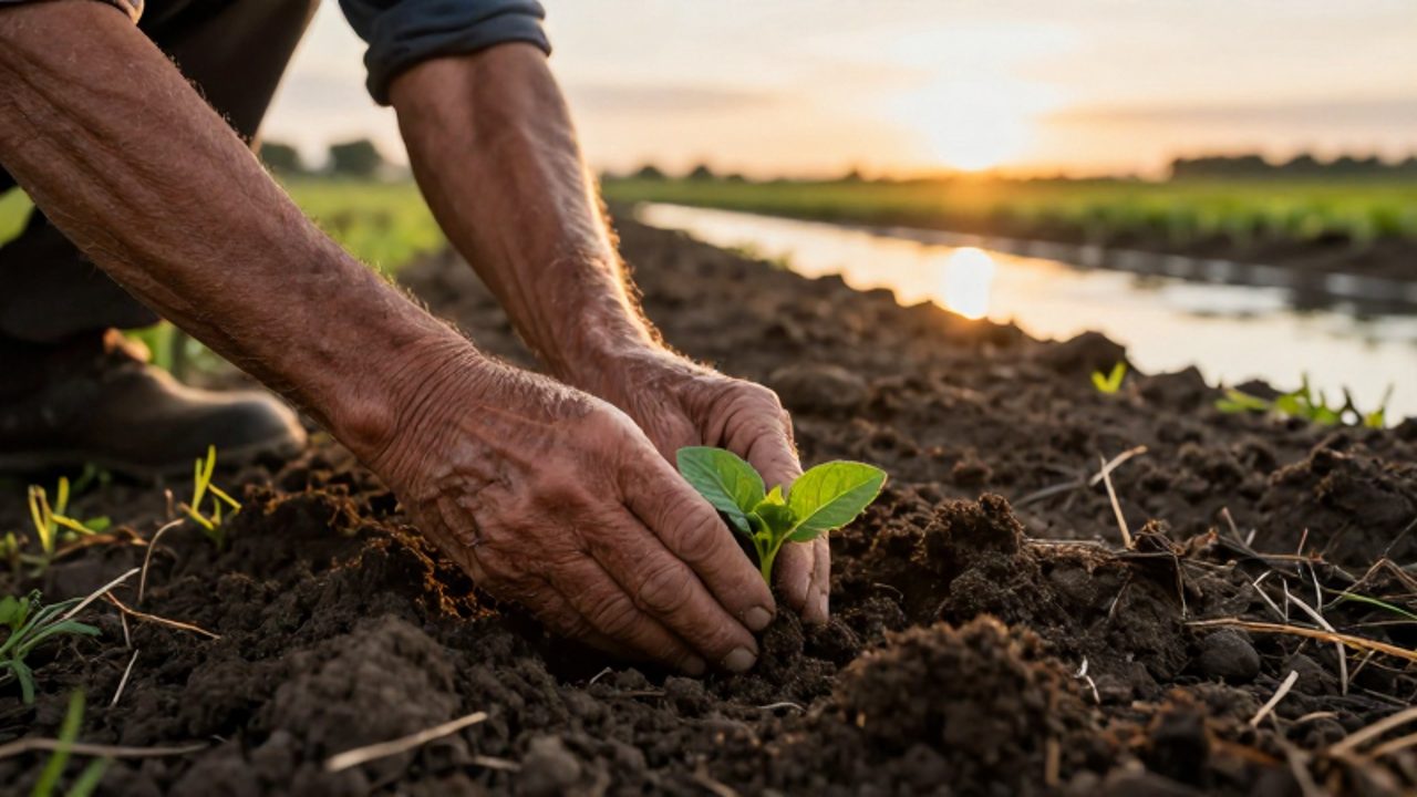 Un agricultor de manos curtidas planta un brote verde en tierra fértil junto a un pequeño canal de riego bajo la luz del atardecer.