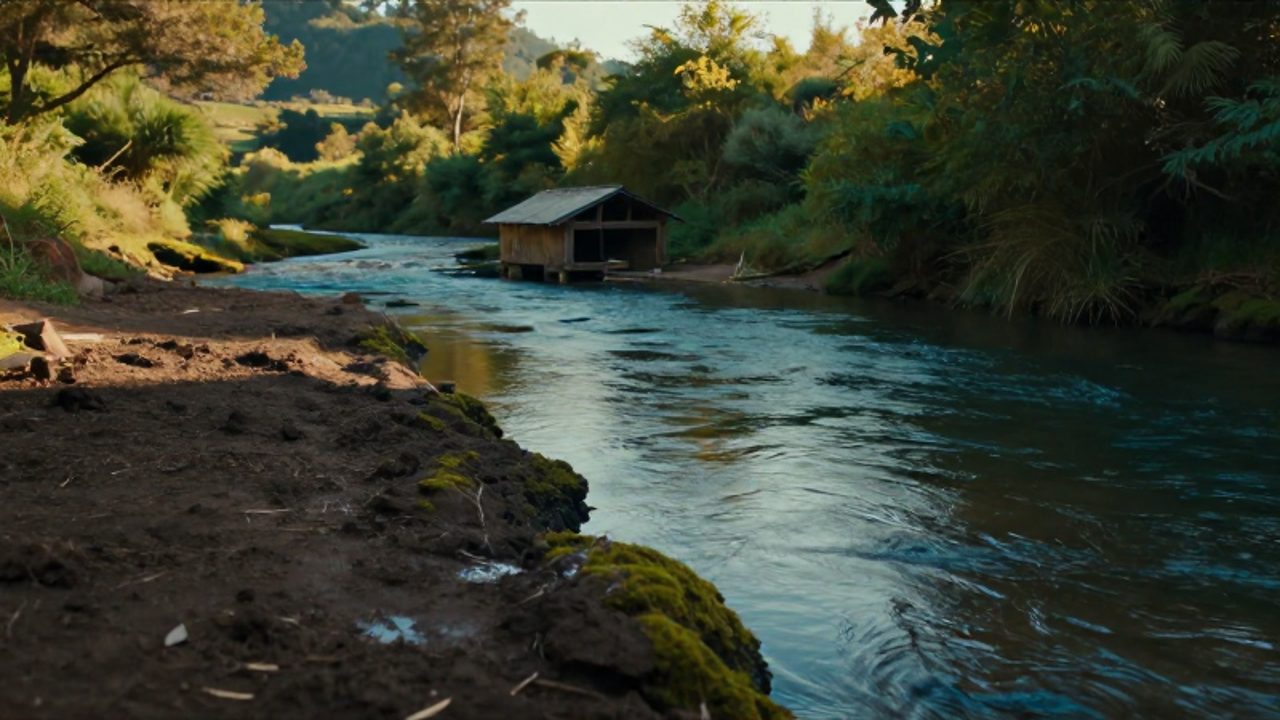 Un río cristalino fluye a través de un valle fértil de tierra oscura y vegetación exuberante bajo la luz cálida del atardecer.