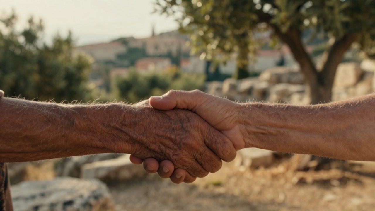 Dos manos envejecidas se estrechan con firmeza en un gesto de reconciliación sobre un paisaje mediterráneo iluminado por el sol.