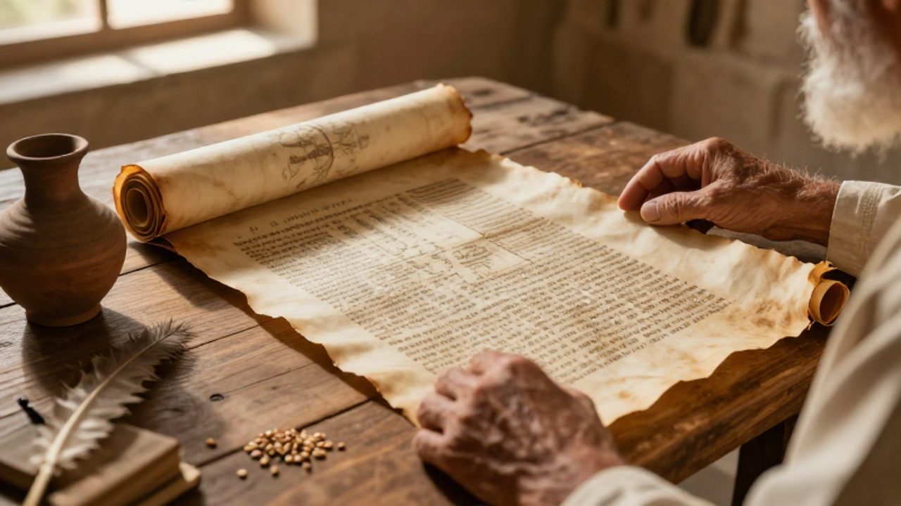 Un erudito desenrolla un antiguo papiro sobre una mesa de madera junto a un cántaro de barro y granos de trigo en un estudio iluminado por el sol.