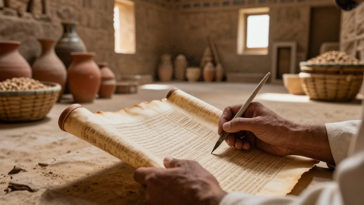 Manos de un escriba egipcio registrando cuentas sobre un papiro en un archivo antiguo rodeado de vasijas con grano.