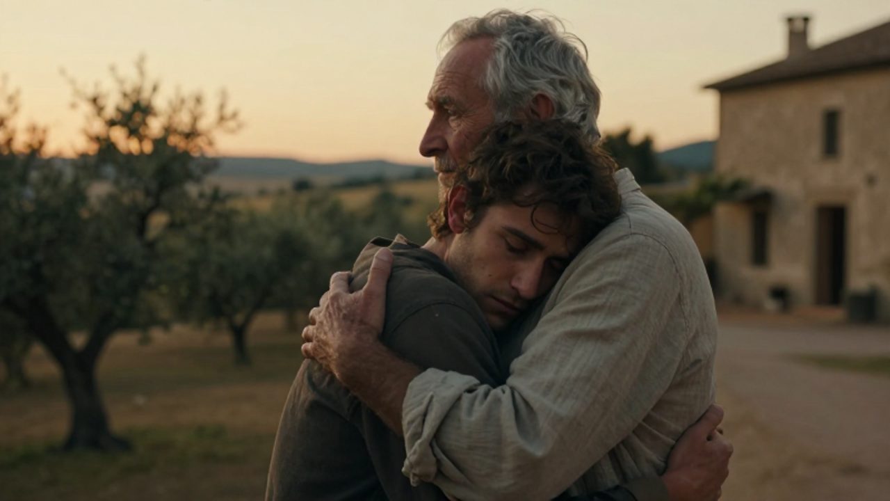 Padre de aspecto bondadoso abraza con ternura a su hijo joven y desaliñado en un paisaje rural al atardecer.