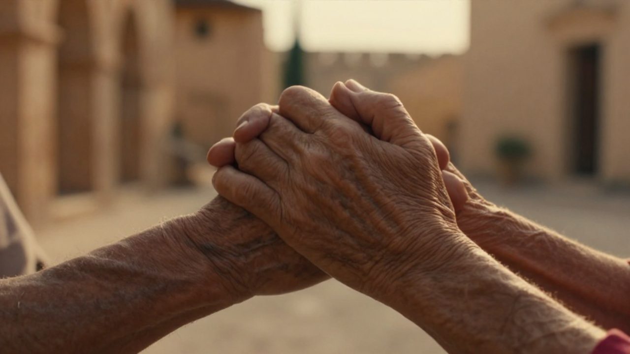 Dos manos de personas mayores entrelazadas con suavidad en un gesto de reconciliación bajo una luz cálida.