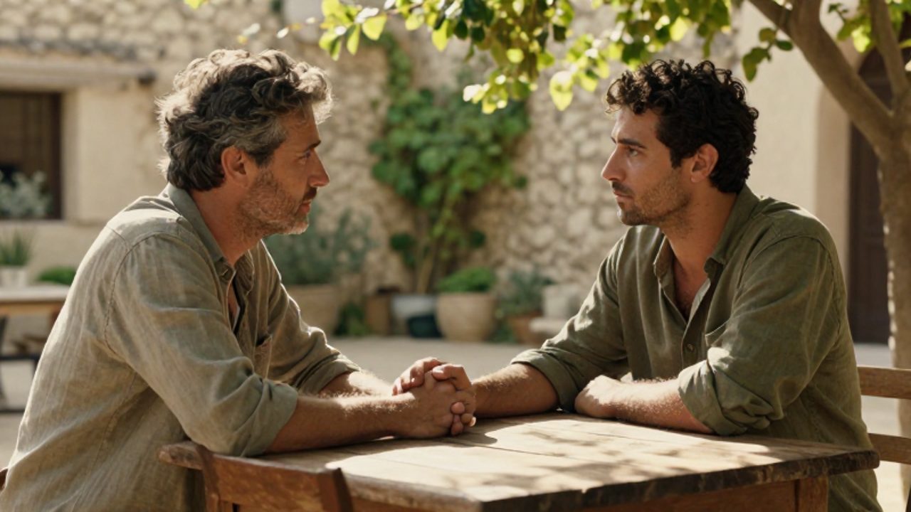Dos hombres conversan en un patio iluminado por el sol mientras uno de ellos coloca una mano de apoyo en el brazo del otro en señal de reconciliación.