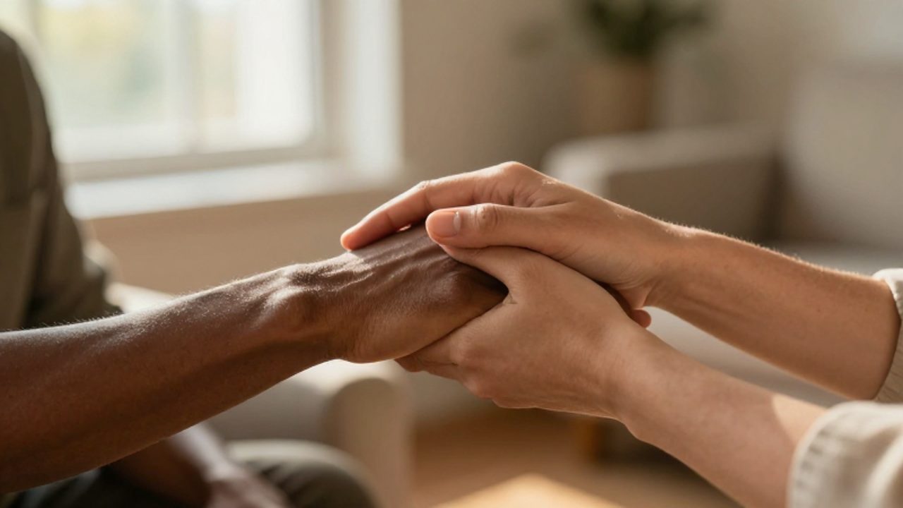 Dos manos de distintas etnias se entrelazan con delicadeza en un gesto de apoyo y solidaridad bajo una luz cálida.