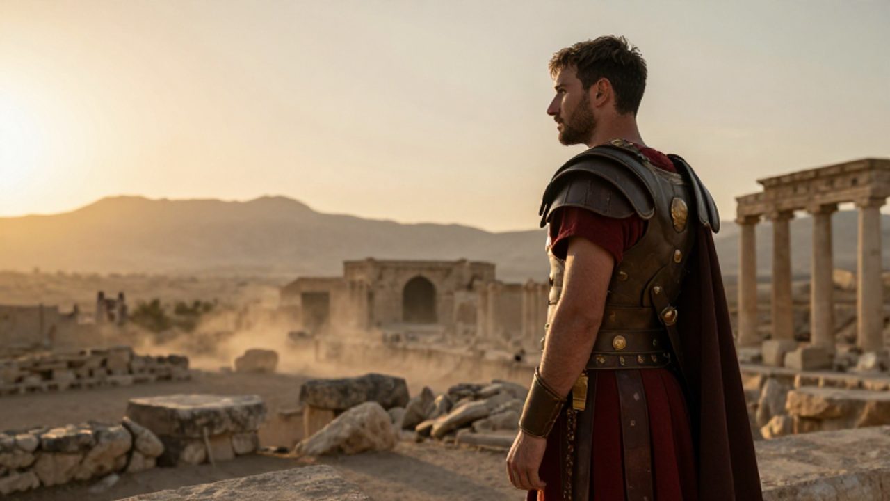 Un centurión romano observa el paisaje desértico desde las ruinas de un puesto de vigilancia en el Levante durante el atardecer.