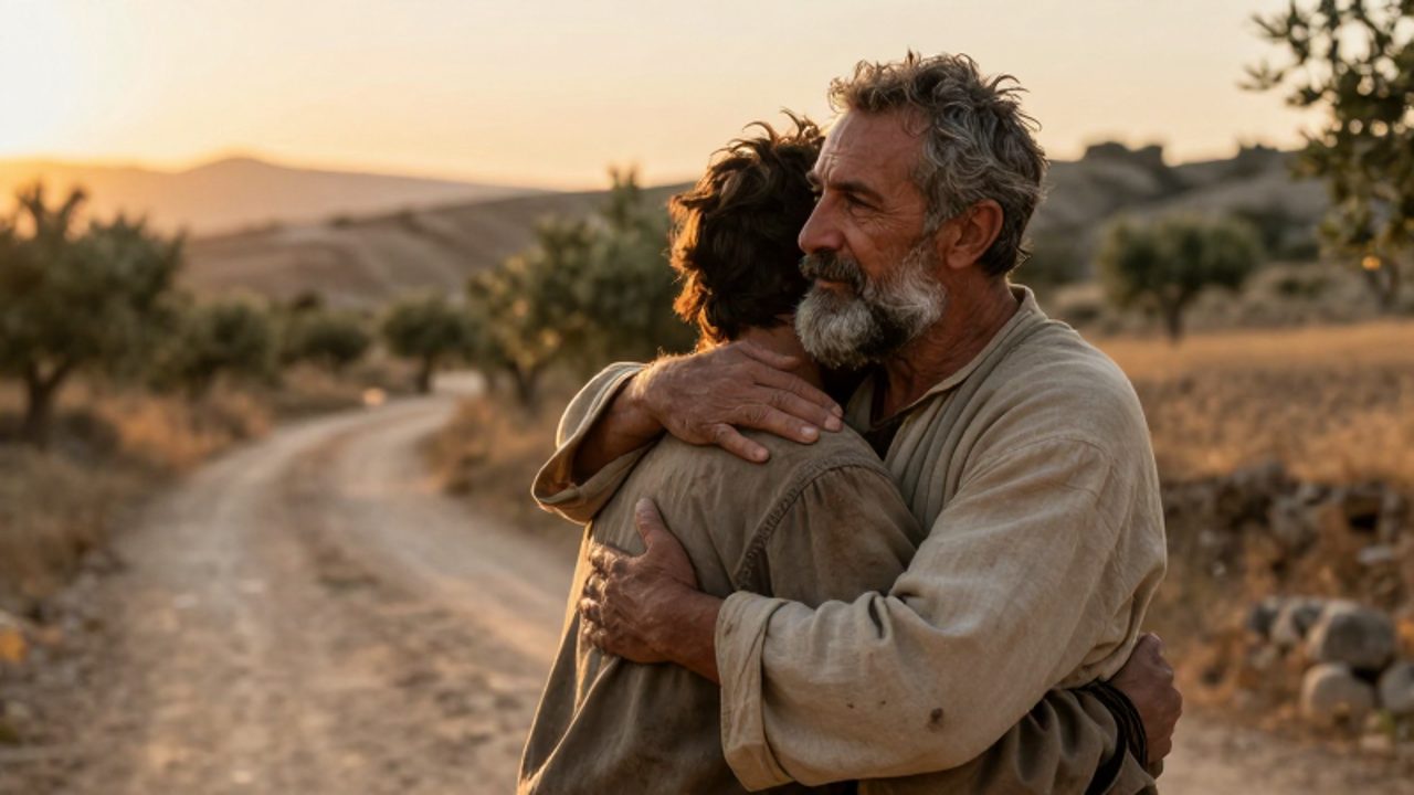 Un hombre mayor con barba canosa abraza con emoción a un joven de aspecto descuidado en un camino rural al atardecer.