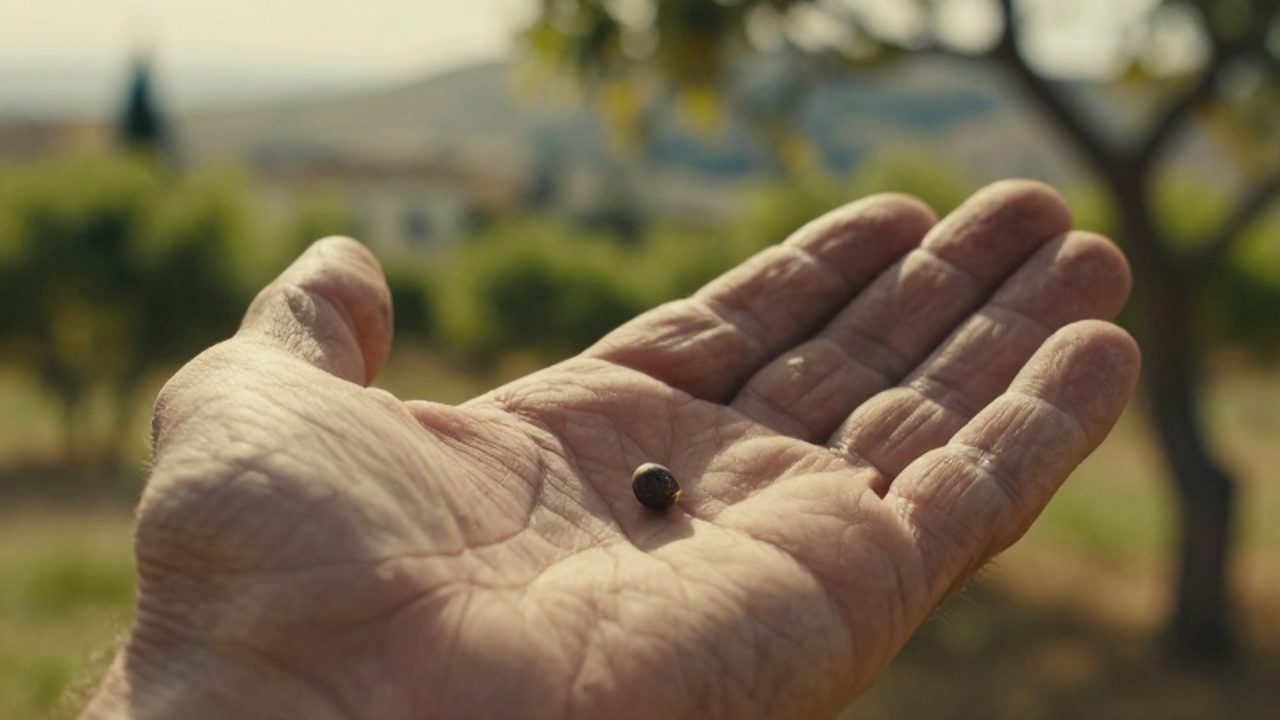 Una mano madura sostiene con cuidado una diminuta semilla de mostaza sobre un fondo de vegetación mediterránea iluminada por el sol.